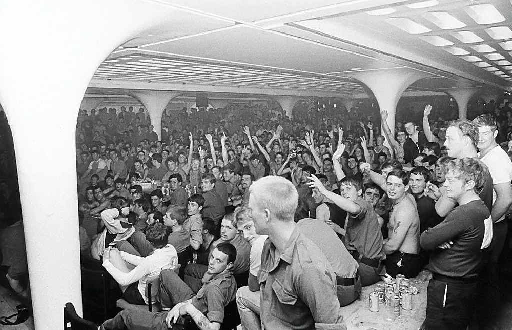 British troops muster aboard QE2 heading to the Falklands. British troops muster aboard QE2 heading to the Falklands.